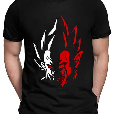 TEMU Men's 4033 Face Graphic T-shirt - Black Anime-inspired Split-, Heavyweight 100% Cotton, Regular Fit Short Sleeve Casual Tee For Adults, Apparel, Animeinspired Print, Durable Print Image