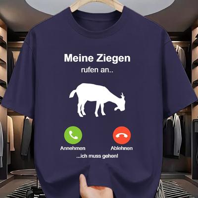TEMU Summer Casual Men's Printed T-shirt With Goat Design, Crew Neck, Polyester, Stretch, Regular Fit, Knit Fabric Image