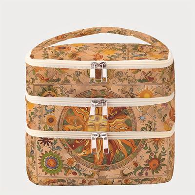 TEMU Sun Pattern Printed Three-layer Makeup Bag - Lightweight Zipper Lined Makeup Bag, Multifunctional Makeup Storage, Suitable For Toiletries And Accessories, Suitable For And Women Image