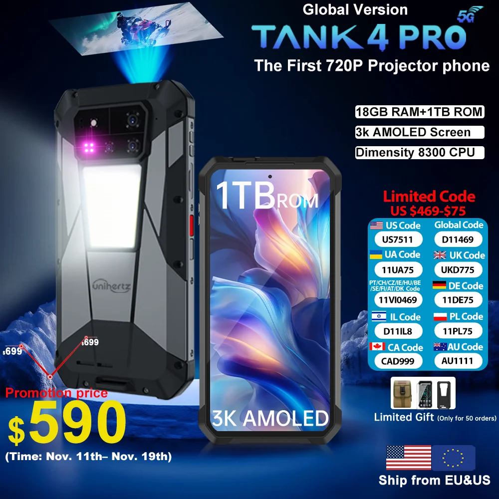 【Première mondiale】Unihertz par 8849 Tank 4 pro Smartphone 5G avec projecteur 720P Dimensity 8300 36 Go + 1 To Téléphone portable 3k AMOLED
