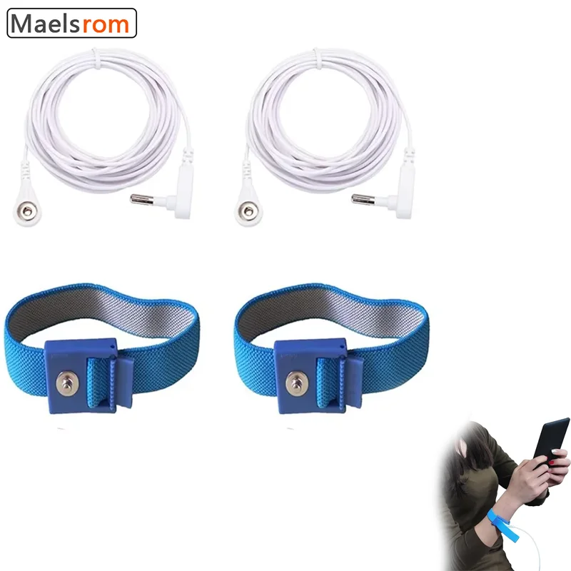 Grounding Blue Wrist Band (2 Sets) For Healthy Earthing Energy With 2 Straight Cords (16‘ Full Length) Grounding Without Mats