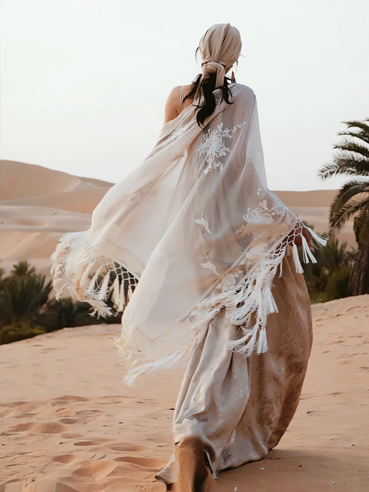 TIYIHAILEY-Lose Lange Quasten Umhang Schal, Blumen, Beige, Vintage, Frühling, Sommer Oberbekleidung, Neue Mode, 2025, Neue Quasten Image