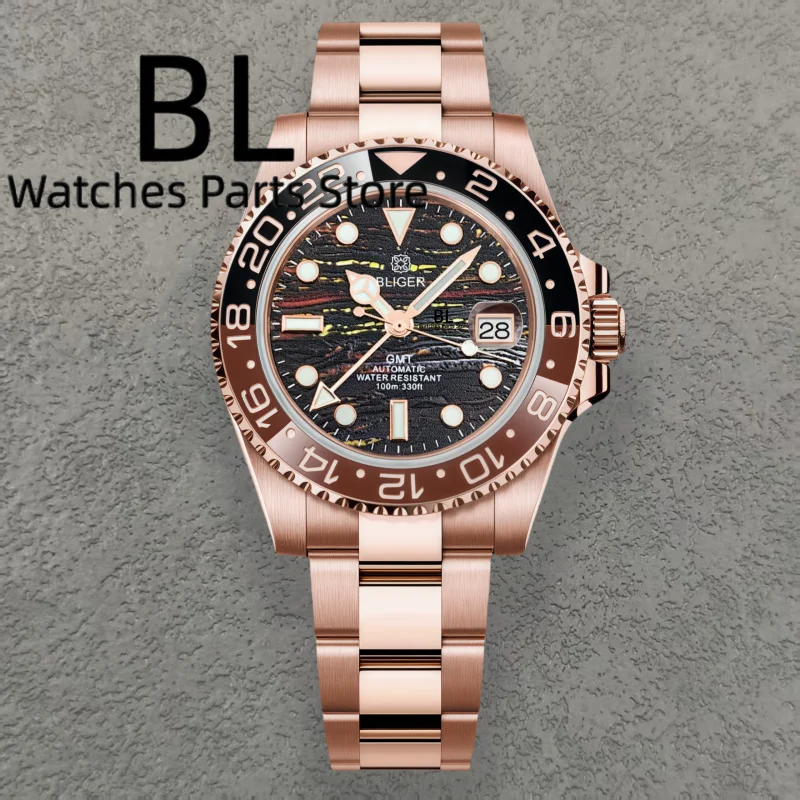 BLIGER 40mm Full Rose GMT NH34 Luxus Tigerauge Textur Herren Mechanische Uhr Schwarz Braun Keramik Lünette Saphirglas 10Bar Image
