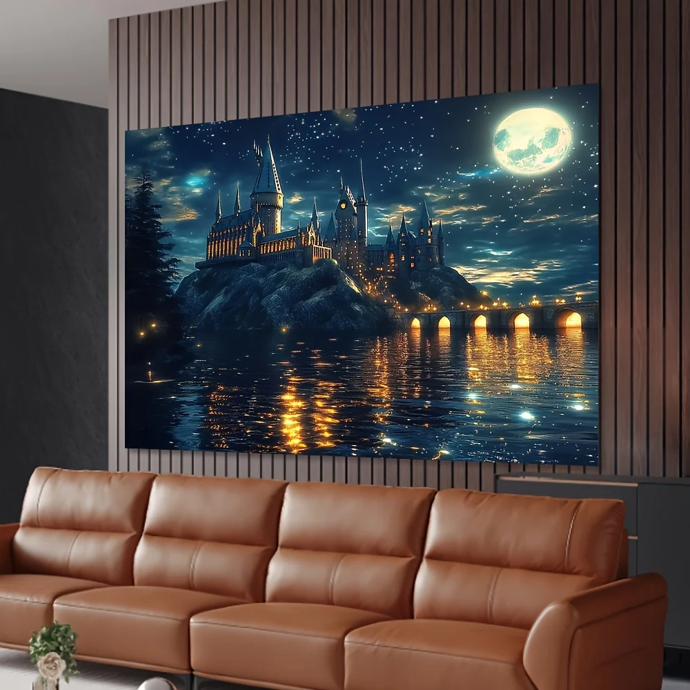 Wandteppich „Enchanted Castle“ – Magische Nachtszene mit Mond und See für Heimdekoration und ästhetische Schönheit, perfekt für jeden Raum Image