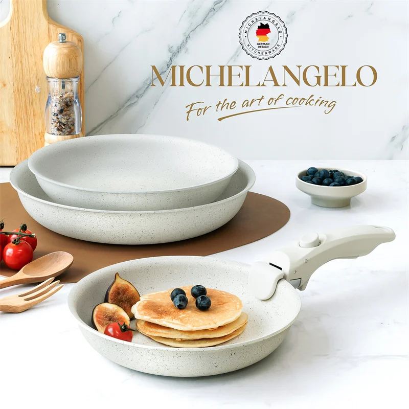 MICHELANGELO 3-teiliges Antihaft-Bratpfannen-Set mit abnehmbarem Griff, cremefarbene Antihaftbeschichtung, ungiftige Pfannen zum Kochen von Ofen, sicher Image