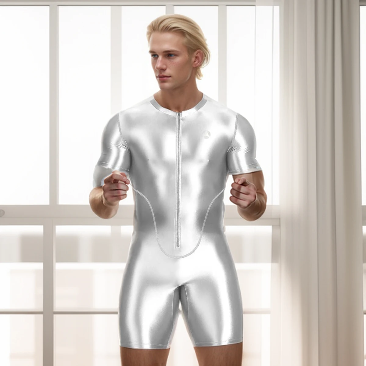 AMORESY Herren-Bademode, glänzender Satin, kurzärmelig, knielang, Bodybuilding, Badebekleidung, Sportbekleidung, Overall, Body, Trainingsanzug, Sweatsuit, Fitness Image