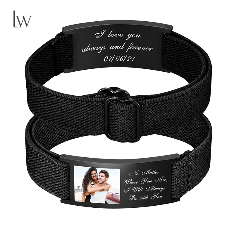 Personalisiertes Foto-Armband, individuell graviertes Bildtext, individuelles elastisches Armband, Edelstahl-ID-Armbänder, Geschenke für Männer und Frauen