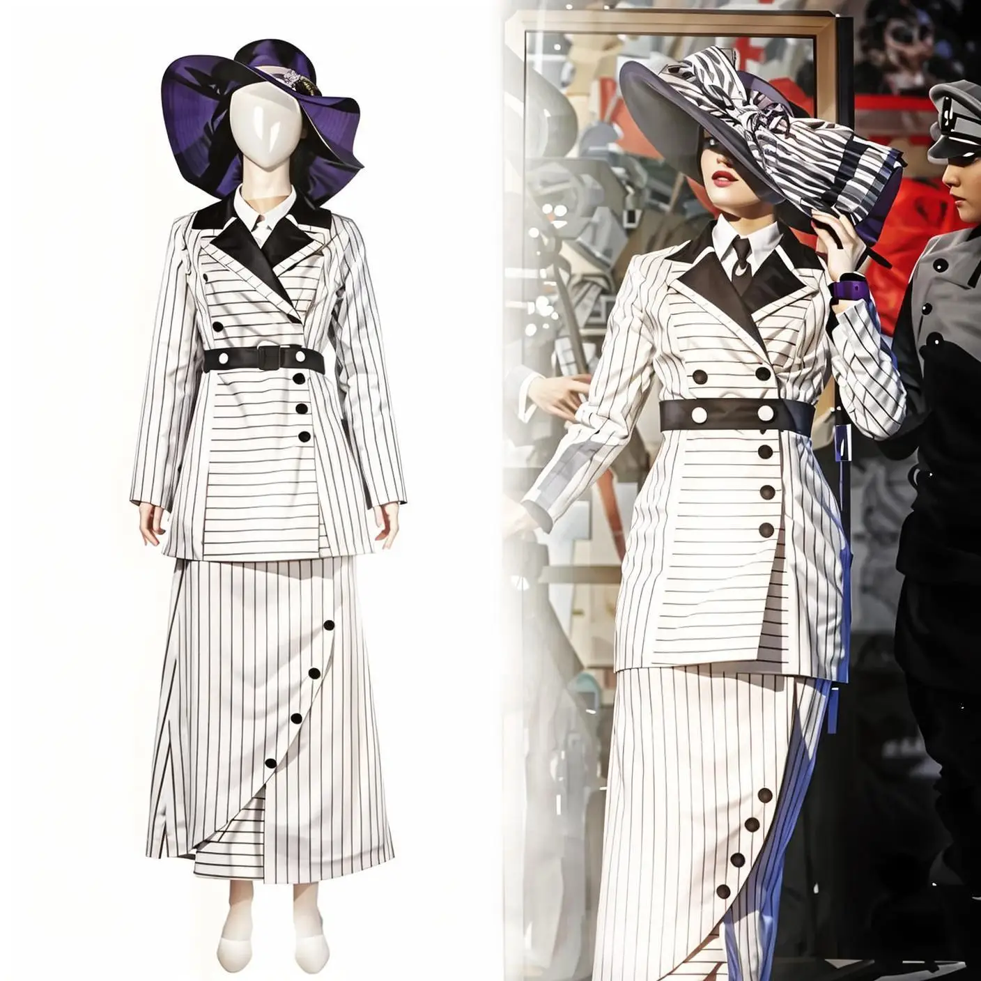 Film Titanic Rose Cosplay Kleid Frauen Edwardian Zeitraum Weiß Streifen Kostüm Mantel Für Halloween Party Leistung Outfit Image
