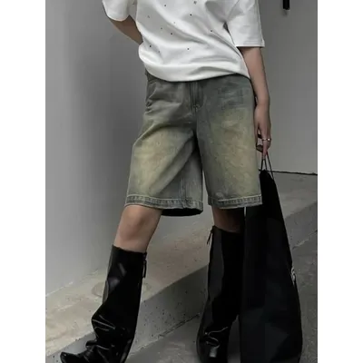Y2K Women Vintage Streetwear Breeches Korean Harajuku Denim Wide Leg Trouser Short Pants Jorts Bermudas Jeans Shorts Alt Clothes
