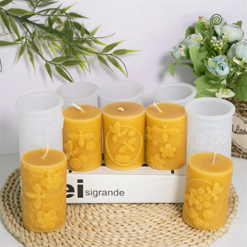 Wabenförmige Silikon-Kerzenform zum Selbermachen, Zylinder, Säule, Biene, Blumen-Designs, Kerzen, Gips, Natur, Hauptdekoration