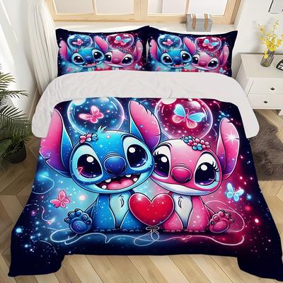 TEMU 3pcs & Stitch Bedding Set Cartoon Includes 1 Duvet Cover And 2 Pillowcases Super For Bedroom Gift All Home Decor Multi Size Image