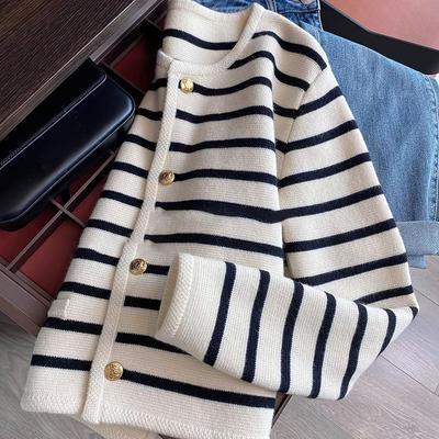 TEMU Elegant Women's Long Sleeve Cardigan - Chic Striped Design With Button Details, Soft Fabric, Round Neck, Fall & Winter Or , Cardigan | Classic Striped | Texture Image
