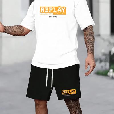 TEMU Fashion Set - Men' Shorts & White T-shirt Combo, Casual Sporty Style With Drawstring Waist, Crew Neck, Stretch Fabric, Summer Activewear|urban Fashion|polyester Image