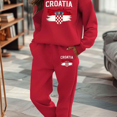 TEMU Word Croatia With Flag Women's Sweatshirt And Sweatpants Set Image