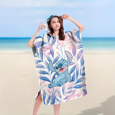 TEMU 1pc Stitch Beach Towel Robe - Soft Microfiber, Quick-dry, Extra Large With Hood, Vibrant Floral & , Pool & Beach, Beach Towel Robe | Design | Quick Dry Fabric, Beach Towels Image