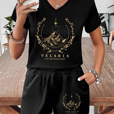 "TEMU Women's Casual V-neck T-shirt And Shorts Set With "" - Black Polyester, Pocketed Shorts, Spring/summer Wear, Casual Attire| Tshirt|polyester Fabric" Image