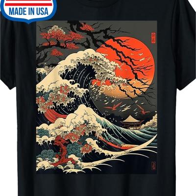 TEMU Vintage Japanese Wave Cherry Art T-shirt Cotton Printed Shirts Image