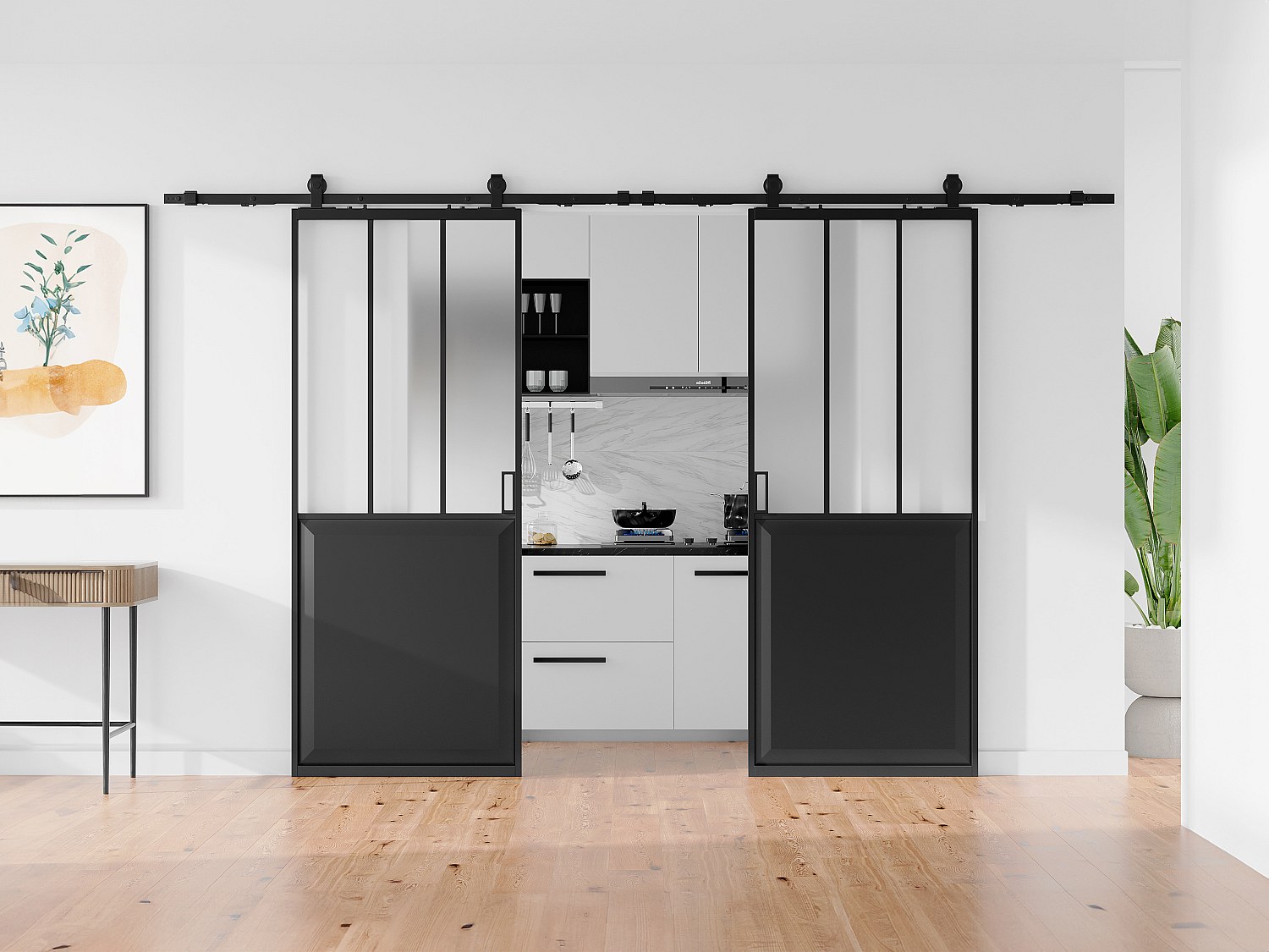 Porte scorrevole doppia atelier esterno muro Nero e vetro temperato smerigliato 2 x H205 x L83 cm - ARTISTO II