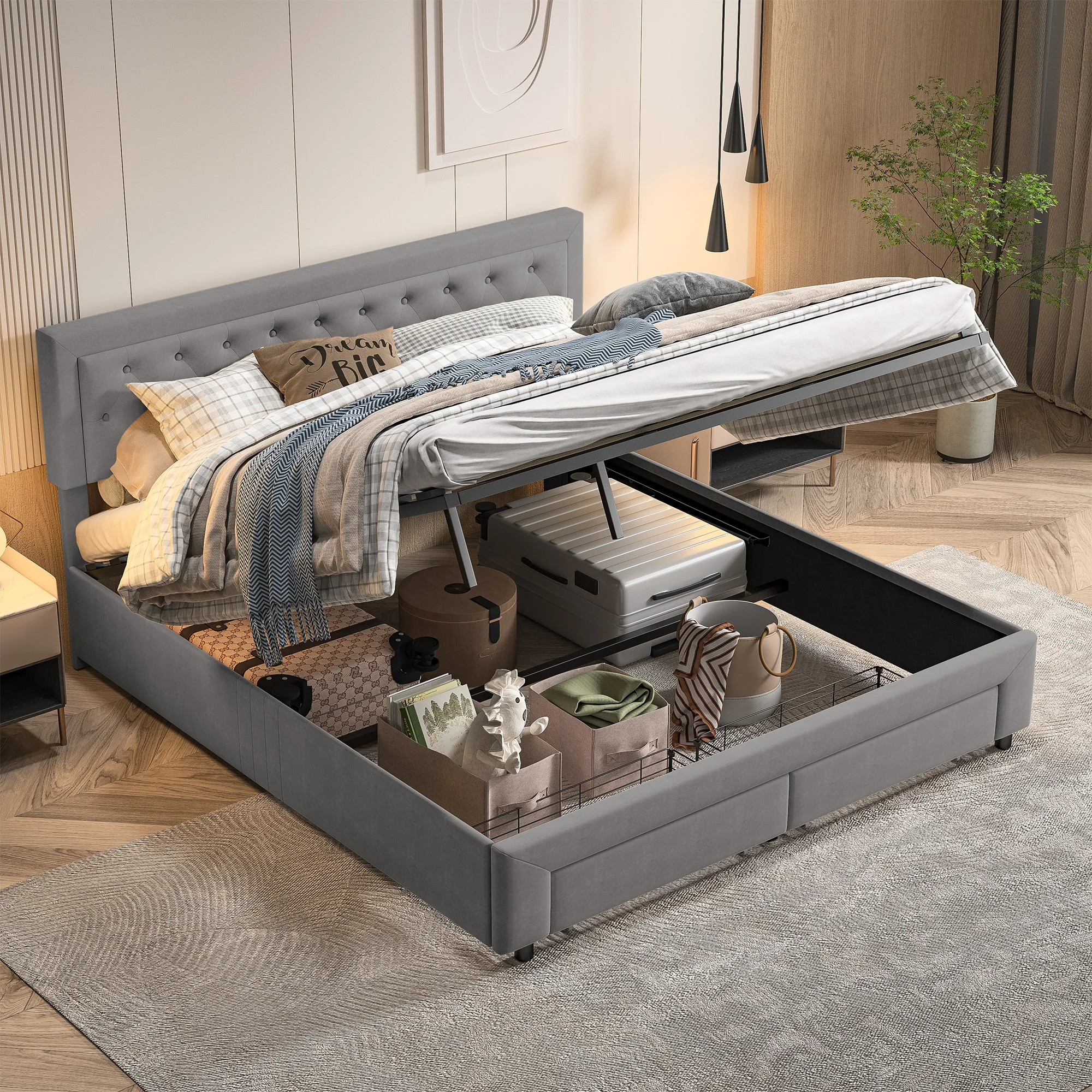 WoodenAura Polsterbett 160x200cm Doppelbett mit 2 Schubladen Lattenrost, Kopfteil Bett Funktionsbett Stauraumbetten Jugendbett