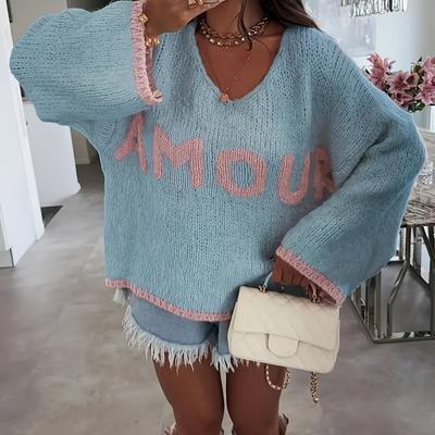 TEMU A Simple V-neck Sweater, Long-sleeve Knitwear For Autumn And Winter, Women's Clothing. Image