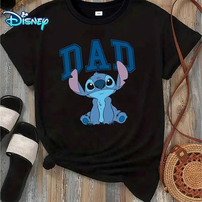 "TEMU Stitch "dad" Graphic Women's Casual Short Sleeve T-shirt - White With Blue Lettering, Breathable Summer Tee For Outdoor Travel & Gifts, Machine Washable, Design | , Shirt" Image
