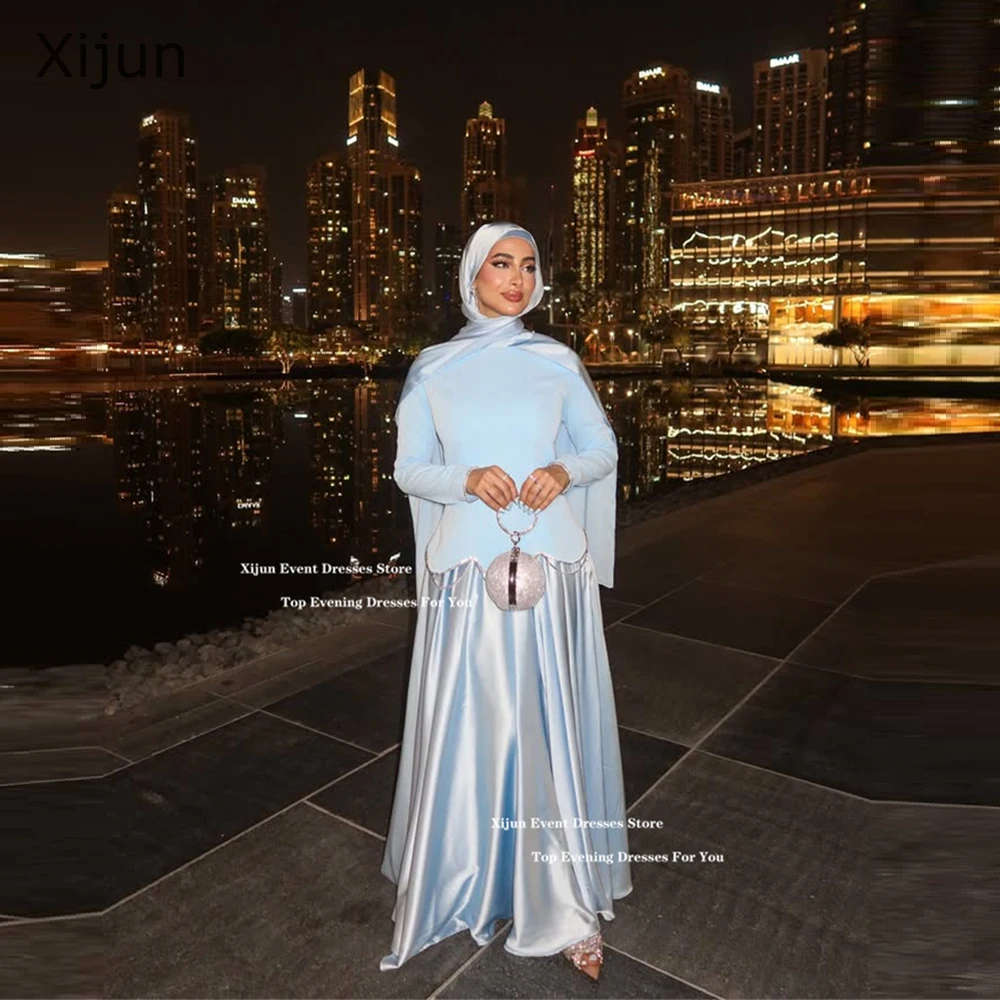 Xijun Modest Baby Blue Crepe Abendkleider Kristall Volle Ärmel Ballkleider Muslimischen Luxus Dubai Ballkleider 2025, Maßgeschneidert Image