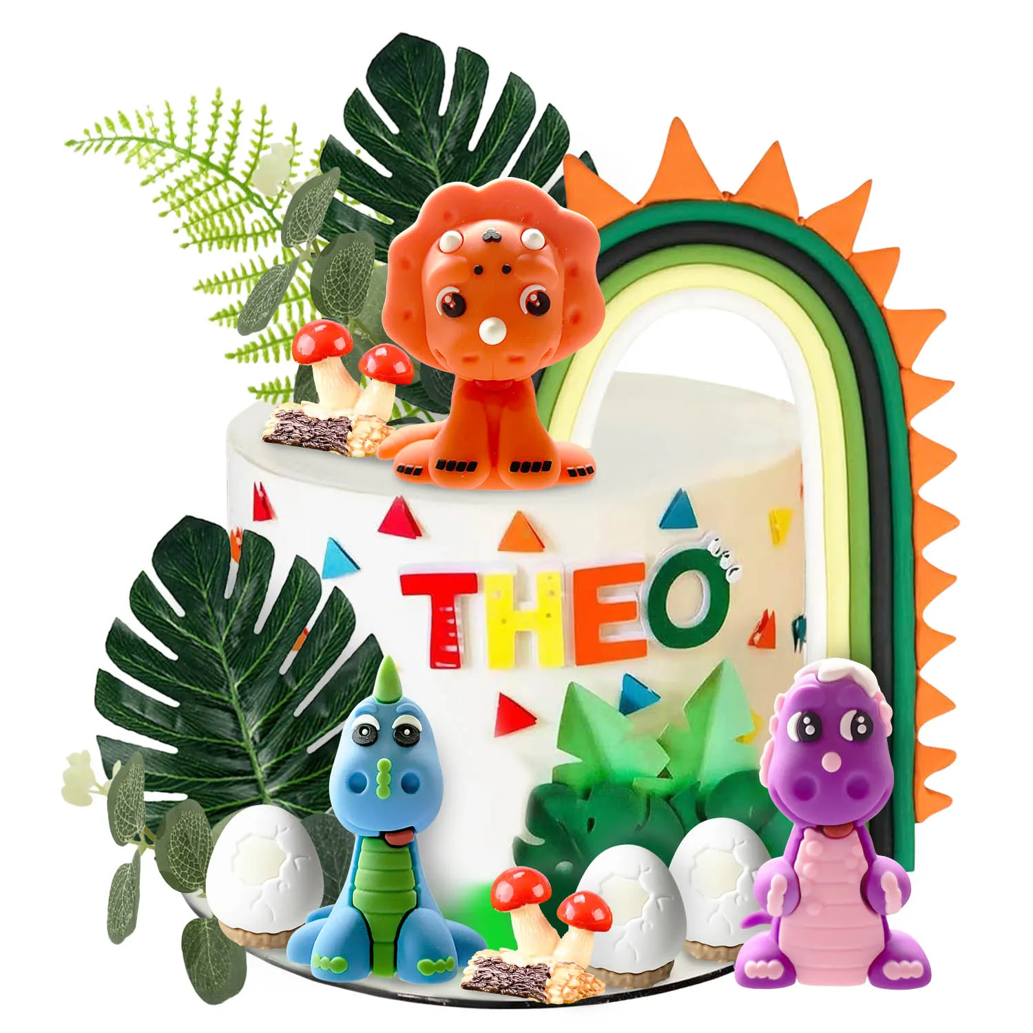16 Stücke Dinosaurier Kuchen Topper Regenbogen Kuchen Topper Dinosaurier Eier Blätter Baby Dinosaurier Figuren Dschungel Safari Kuchen Dekoration Image
