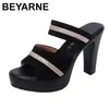 BEYARNE Große größe 32-43 offene kopf block ferse schuhe sommer hausschuhe frau high Heels slides