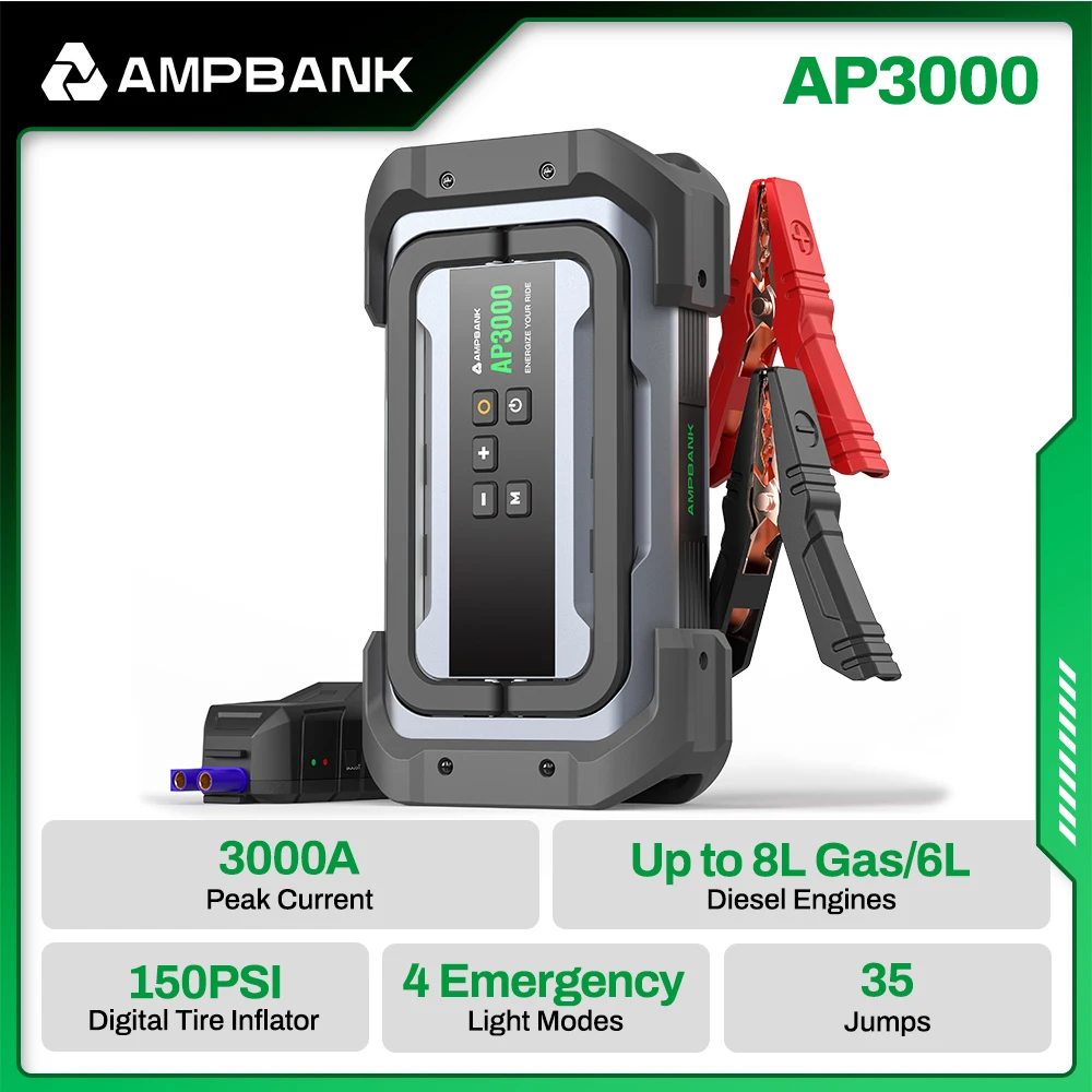 AMPBANK AP3000 3000A Batteria per auto portatile 12V Booster Pack Avviatore per auto con compressore d'aria per gonfiaggio pneumatici digitale 150PSI