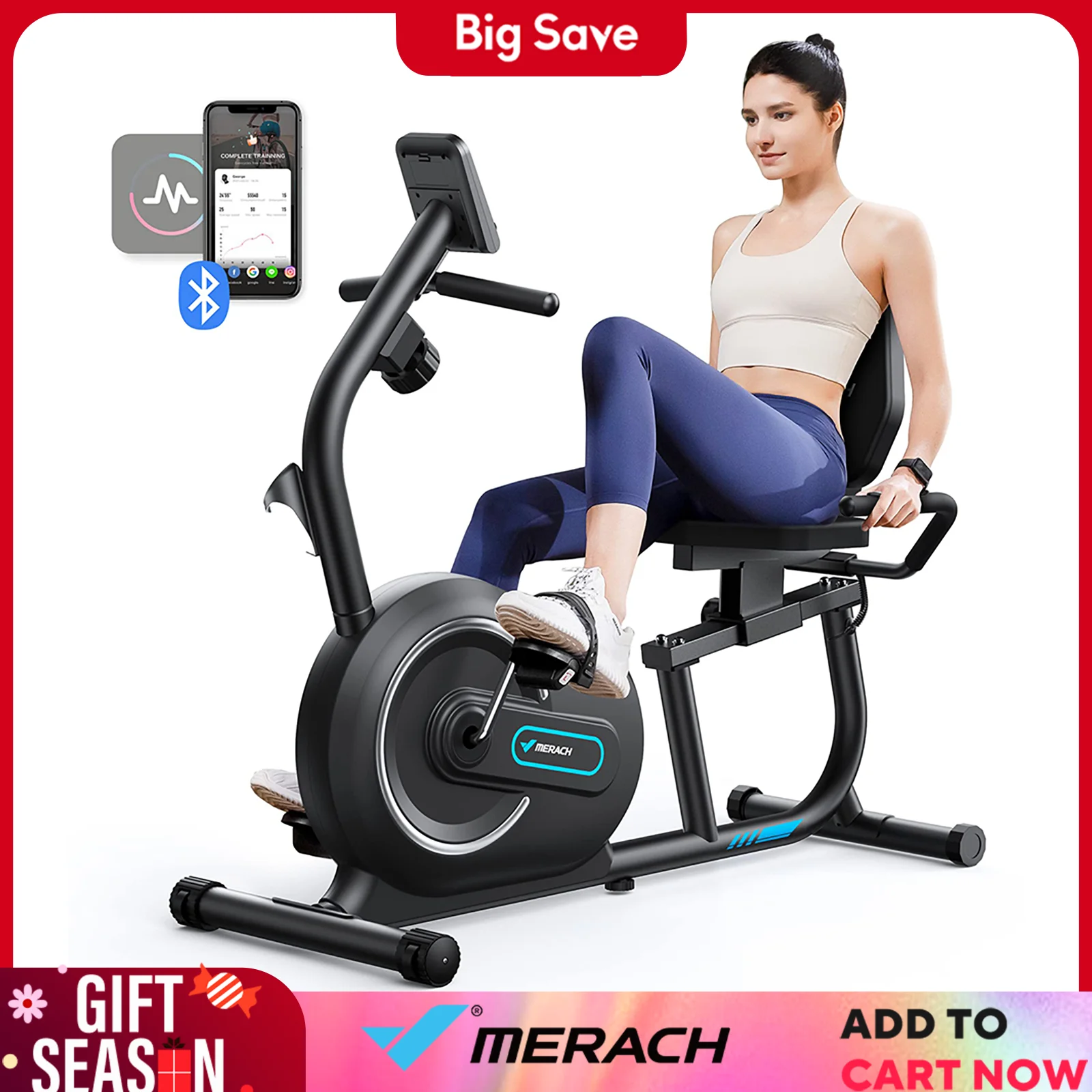 MERACH Recumbent Exercise Bike for Home Smart Bluetooth Exclusive App Connectivity LCD Heart Rate Handle Magnetic Recumbent Bike