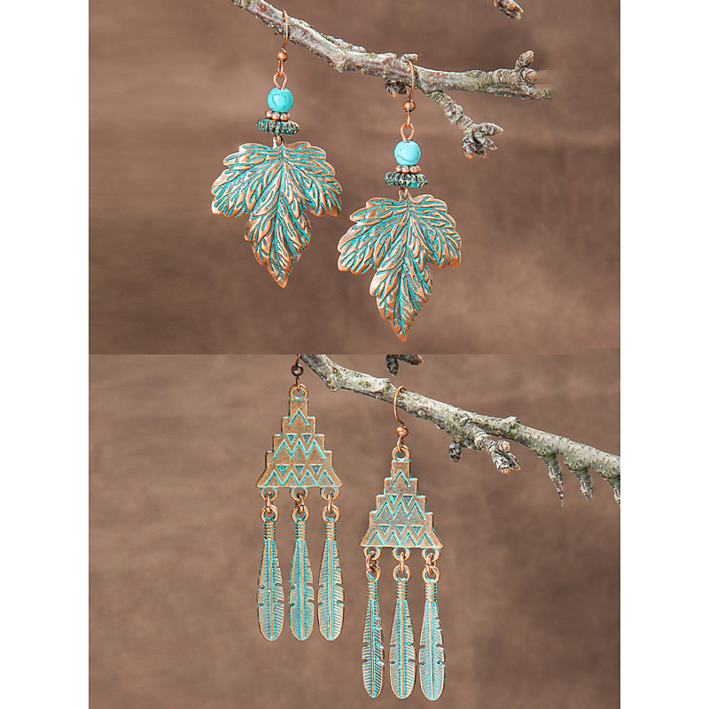 Women's Boho Vintage Turquoise Dangle Earrings Set - Vintage Tribal Style Lightweight Dangle Earrings with Antique Bronze Finish for Holiday Casual Outings and Gifts