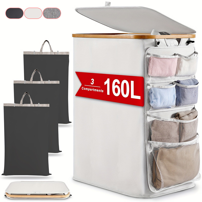 Laundry Hamper with Side Pockets and 3 Inner Bags,140L Large Foldable Recycle Bin Organizer, 600D Oxford Fabric Laundry Basket for Bathroom, Home, Beside Washing Machine