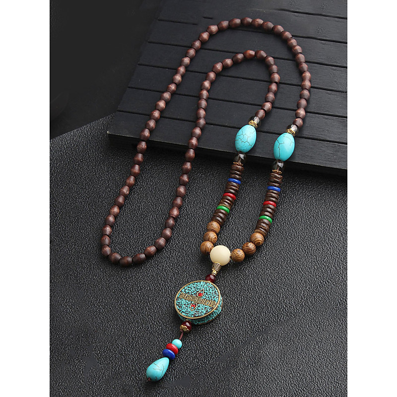 Men's Tribal Beaded Pendant Necklace – Handmade Ethnic Wooden Beads with Turquoise Accents, Bohemian Style for Casual Wear, Yoga, Meditation or Festival Outfits