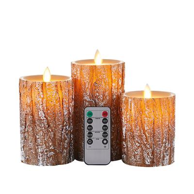 Flameless Candles Light Wooden Pine Effect Battery Operated Flickering Moving Wick Candles Light 4 5 6 Set of 3 Realistic LED Electric Pine Bark Candles with Remote Control for Halloween