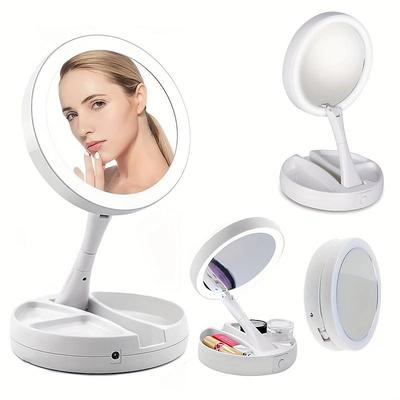 1pc Foldable Makeup Mirror With Led Light Storage Box Organizer, Double Sided 1X 10X Magnifying Retractable Mirror For Table, Vanity, Cosmetic