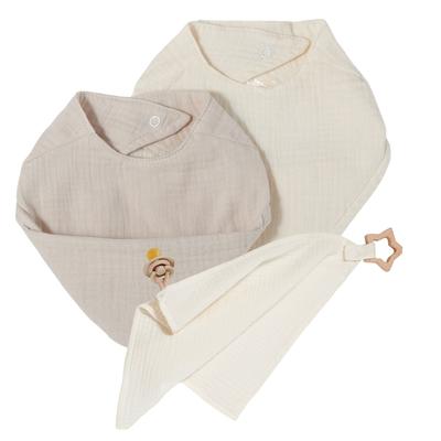 nordic coast company Lätzchen Beige Schnullertuch Natur Baby Geschenk Set + Kuscheltuch Rosa Silber Image