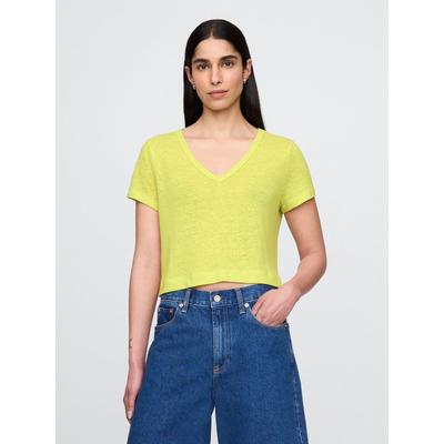 Gap Yellow Linen-Blend Cropped V Neck T-Shirt
