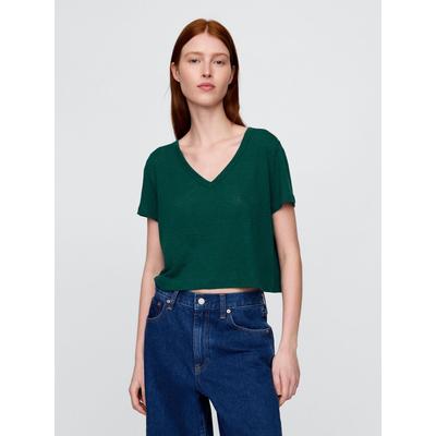Gap Dark Green Linen-Blend Cropped V Neck T-Shirt