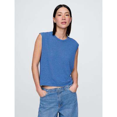 Gap Blue Linen-Blend Crew Neck Shell T-Shirt