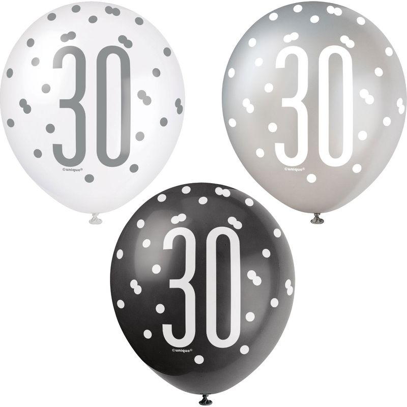 6 Luftballons schwarz & silber Zahl 30 Image