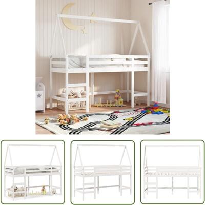 Hochbett mit Leiter und Dach Weiß 90x190 cm Massivholz Kiefer - Kinderhochbett - Holzbett Image