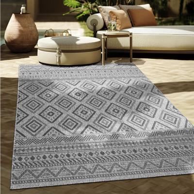 Paco Home - Outdoor Teppich Flachgewebe modern Boho Ethno wetterfest Außenbereich Anthrazit, 150 cm Image