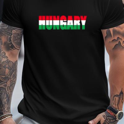 TEMU Creative Hungary Flag Letter Print Men's Crew Neck Short Sleeve Tees, Breathable Polyester Fabric T-shirt, Casual Comfortable Lightweight Top For Summer Image