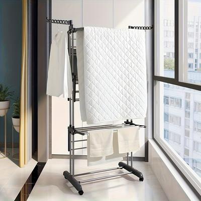 TEMU Clothes Drying Rack, Oversized 4-tier Foldable Drying Rack Clothing, Movable Drying Rack With 4 Castors, 24 Drying Poles And 14 Hooks For Bed Linen, Clothing, Drying Racks Image