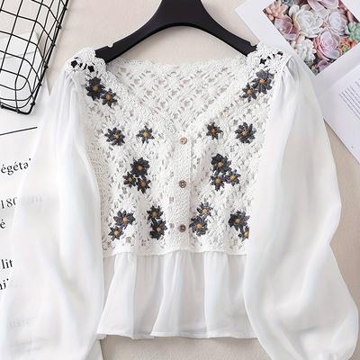 TEMU [elegant Crochet Lace Cardigan] Elegant Long Sleeve Crochet Lace Cardigan- Semi-sheer Chiffon, Floral Embroidery, Delicate , For Women- Spring/fall Image