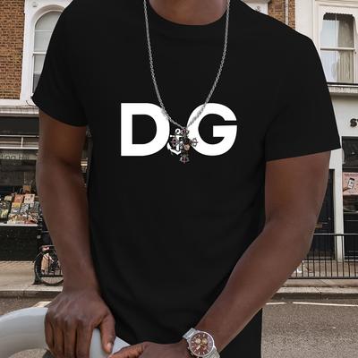 TEMU Men's Casual Graphic T-shirt - Dg Print With Dog Illustration, Light Gray Round Neck Regular Fit, Lightweight Breathable Fabric, Machine Washable Tee For Outdoor & Casual Attire, Image
