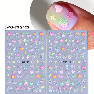 TEMU 2 Sheets Sweet Matte Nail Art Stickers - Kawaii Cherry Heart Bow Floral Designs, Self-adhesive Plastic Decals For Women & Girls, Y2k Style Manicure & Pedicure Decorations, Decals, Nail Stickers Image