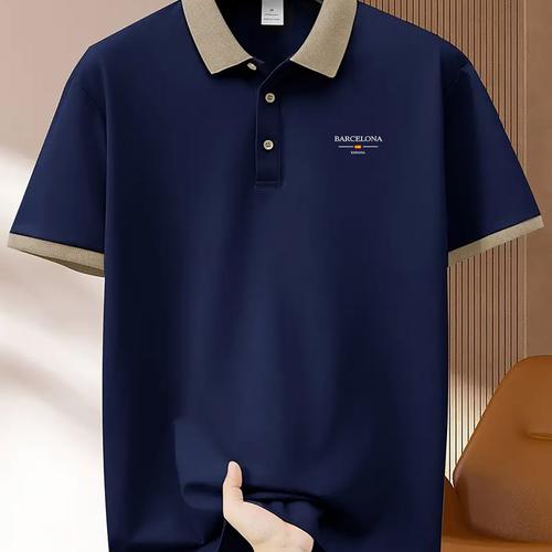 TEMU Chemise Homme avec Barcelone, Décontractée et Professionnelle, Manches Courtes, Tissu en Polyester Léger, Parfaite pour les Rassemblements d'Été en Extérieur