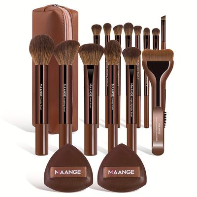 TEMU Maange 14 Makeup Brushes + 2 Air Cushion Makeup + Makeup Bag Set Portable Makeup Tool Brush Facial Makeup Brush For Beginners Soft Fiber Suitable For Campus Women's Gift Image