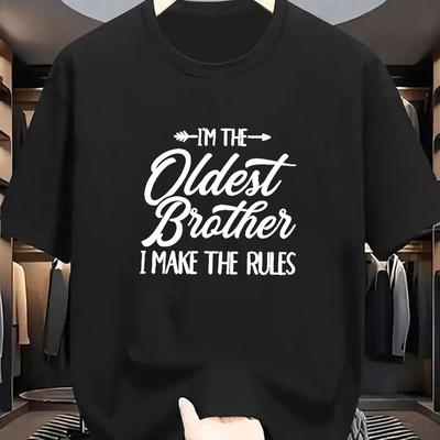 "TEMU Men's "i'm The Oldest Brother" Graphic Tee - Casual Summer Short Sleeve, Stretch Ribbed Crew Neck, Lightweight Polyester , Comfortable & Breathable For Casual Attire" Image